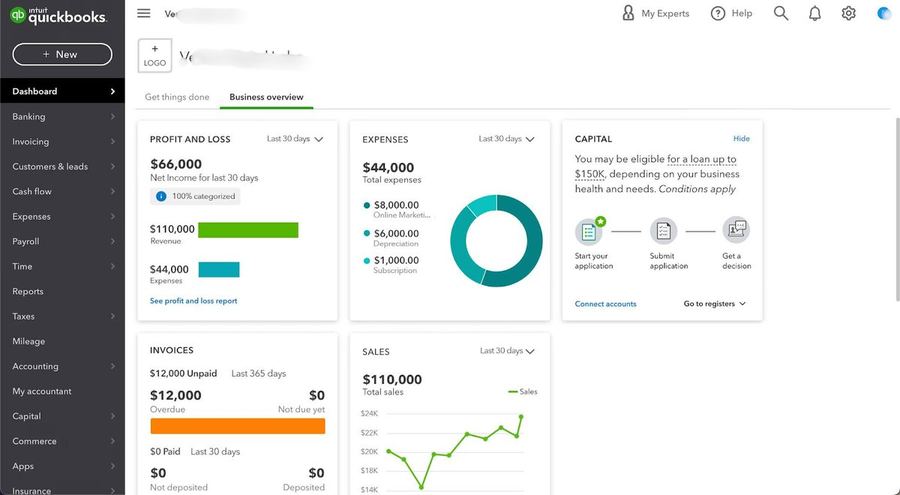 QuickBooks screenshot: $110K revenue