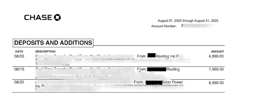 Chase statement screenshot: $21,997 in deposits